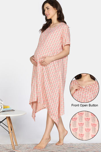 Buy Coucou Maternity Woven Mid Calf Length Loungewear Dress With Front Open Button - Beech Wood